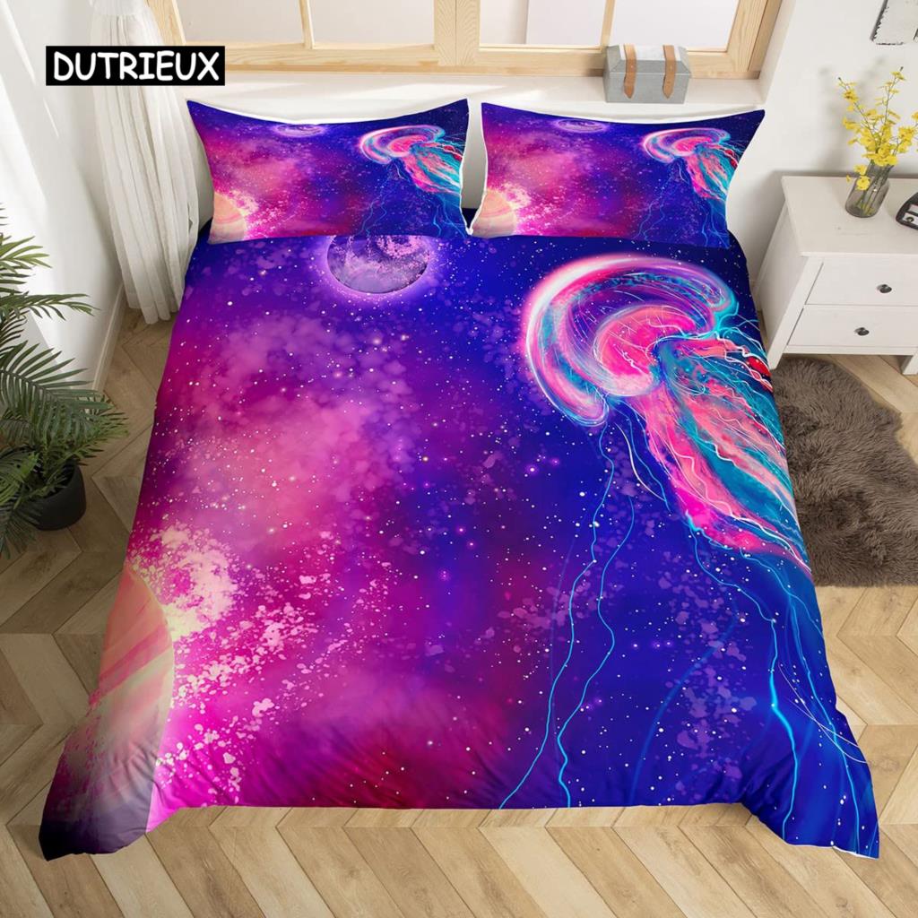Σετ Παπλωματοθήκης Μέδουσας Μωβ Γαλαξίας Φωτεινό Σετ Κλινοσκεπασμάτων Μέδουσας Σύμπαν και Θαλάσσια Πλάσματα 2/3 τεμ. Κάλυμμα Πάπλωμα για Παιδιά