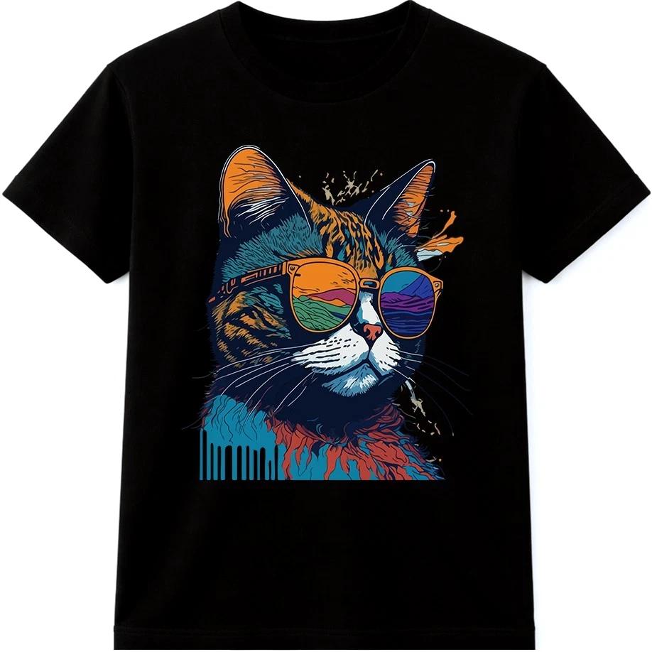 Cat With Sunglasses T Shirt Funny Cool Cat Lover Retro Colorful Graphic Tee 2XL