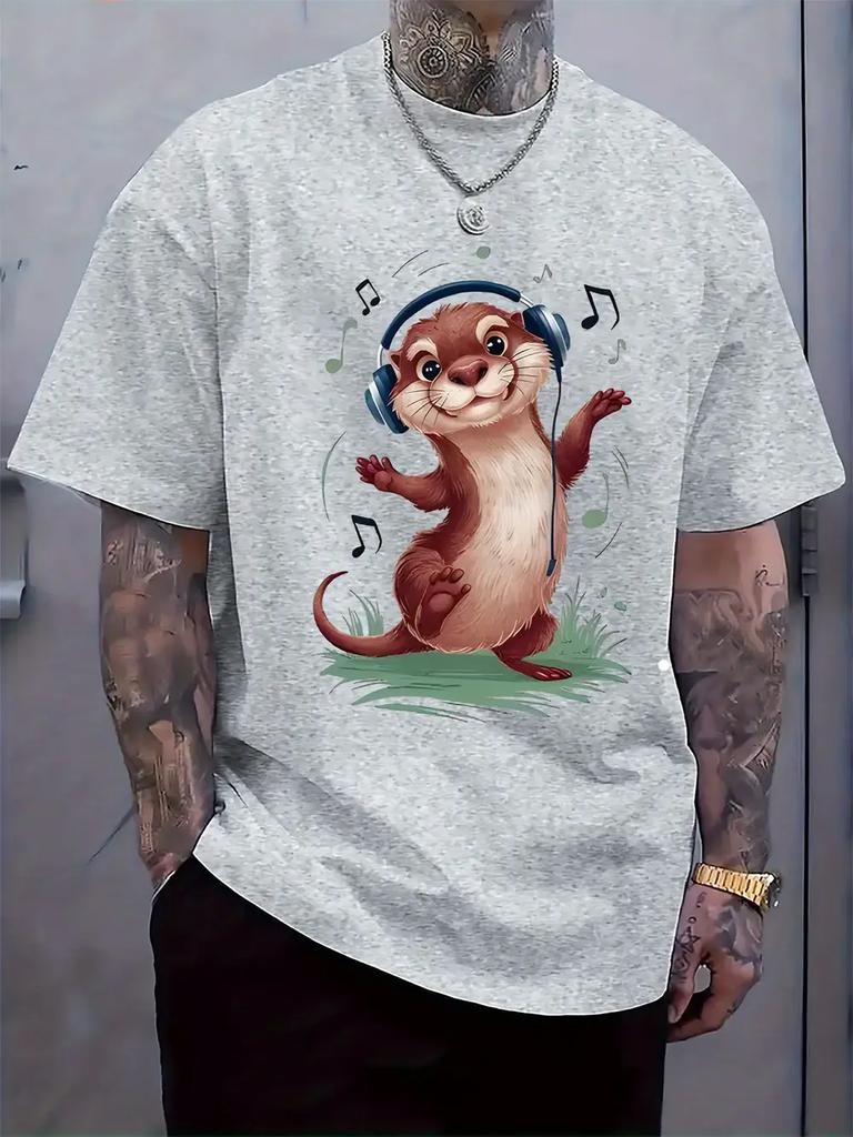 Casual Otter Music Print T-shirt - Black Short Sleeve Crewneck