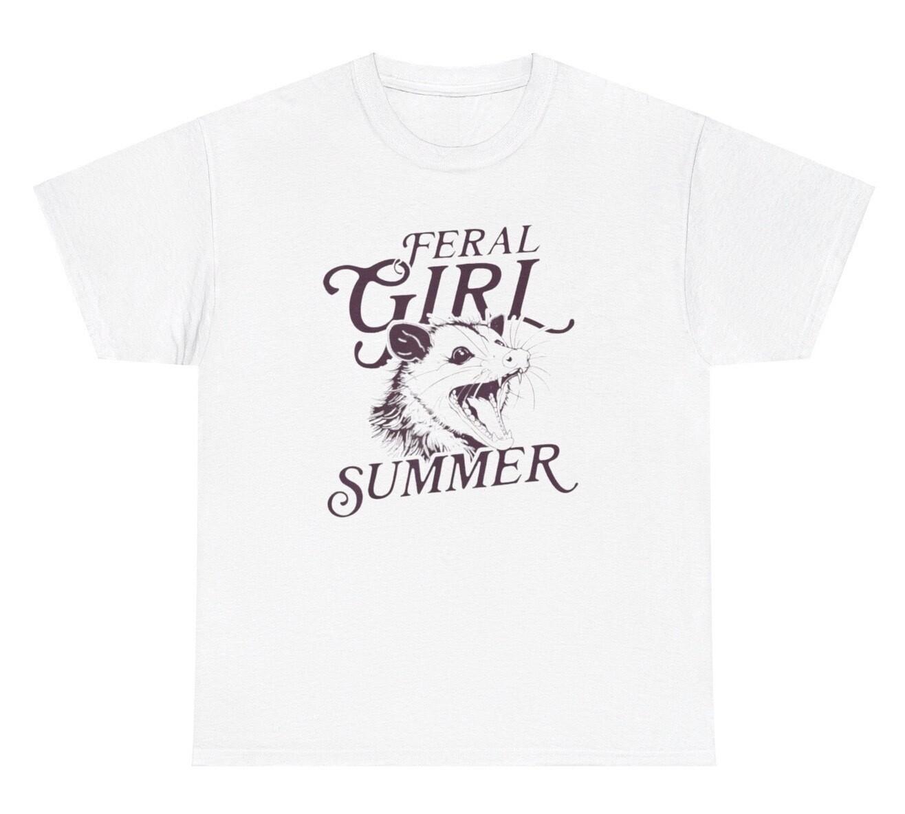 Feral Girl Summer Raccoon Graphic T Shirt Funny Ironic Gen Z Weirdcore Tee M