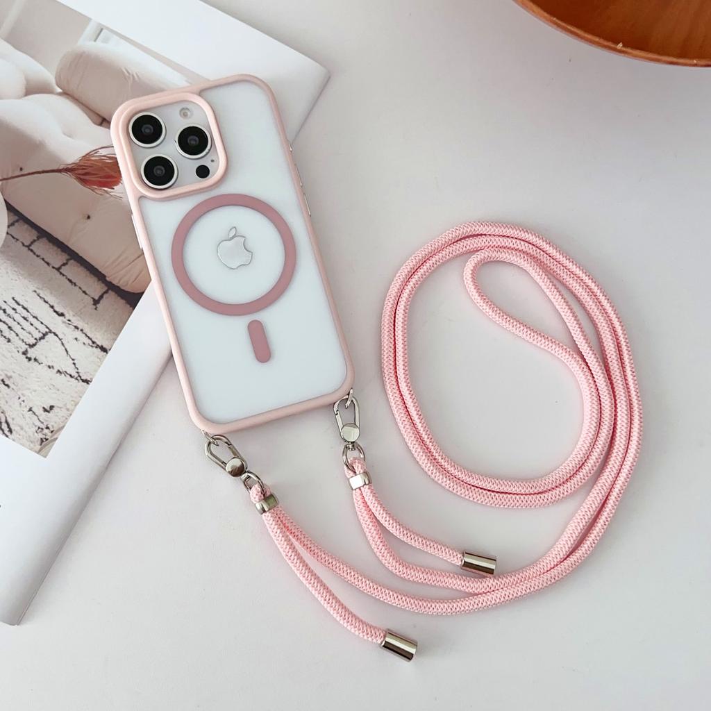 Crossboby Lanyard Plating Clear Phone Case For iPhone 16Plus 15 14 13Pro Max For Magsafe Magnetic Necklace Cord Rope Strap Cover