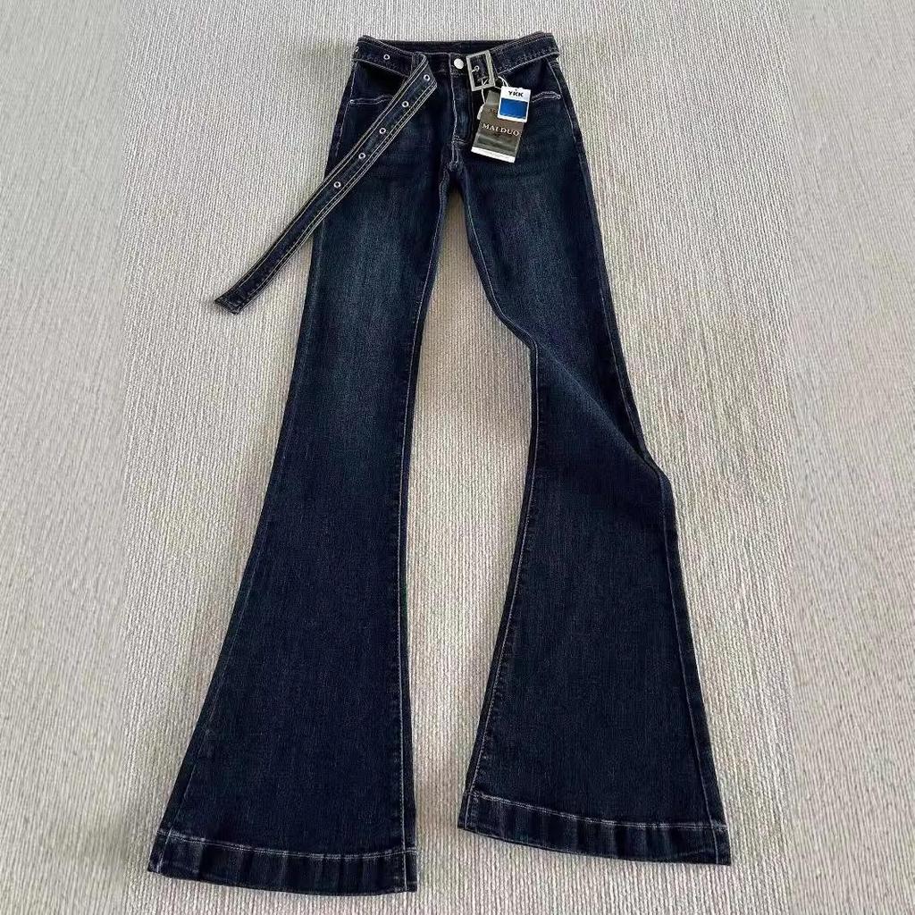 Retro Hong Kong-Style Flared Jeans for Women with Belt – Slim-Fit, Low-Waisted, Floor-Length, Stretchy Pants for Fall and Winter.