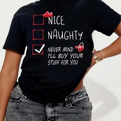 1pc Women'S Casual Round Neck T-Shirt with NaughtPrint - Knit Short Sleeve Tee for All Seasons