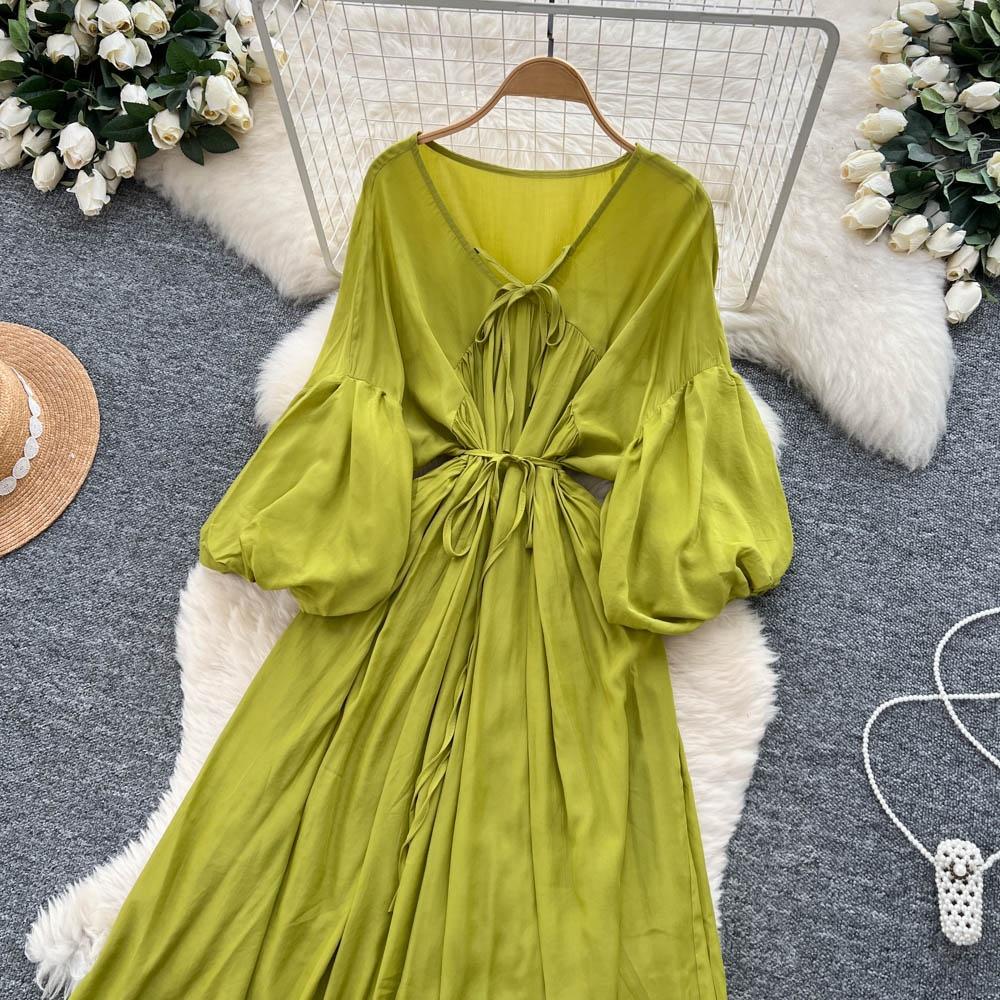 Retro V-Neck S páskem v pase Lucernový rukáv Délka ke kolenům A-Line Midi šaty Korejský Sle Letní Dlouhé šaty pro ženy