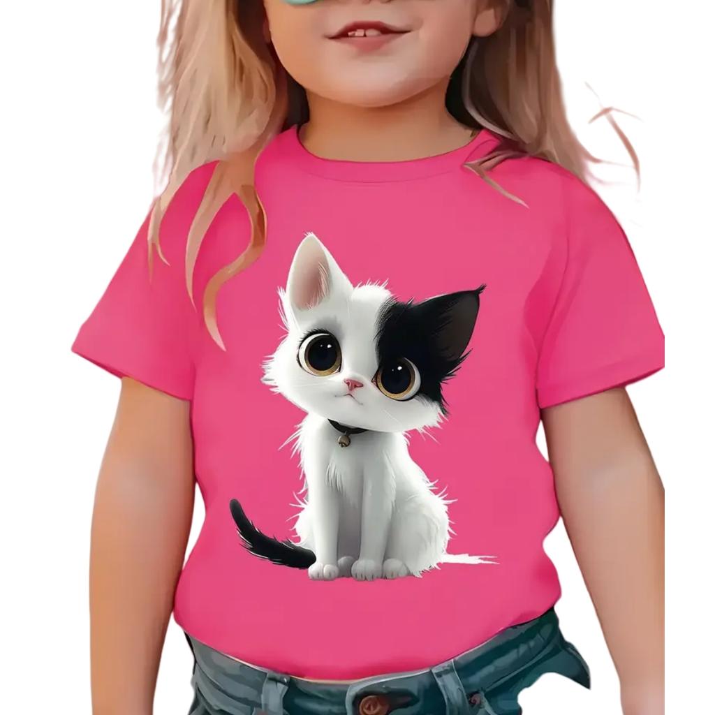Cartoon Cat Girl T-Shirt Short Sleeve Tees Girl Clothes Round Neck Top Fashion Junior Girls' Clothing Cute Outdoor Kids T-Shirts