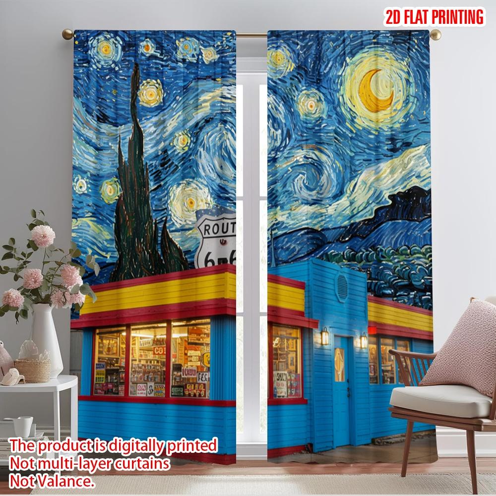 

2pcs 2D flat printing Scene Curtain Starry Night Route 66 100% Polyester Without Electricity Festive Holiday Use for Holiday 52.50×116.00 CM 2pcs