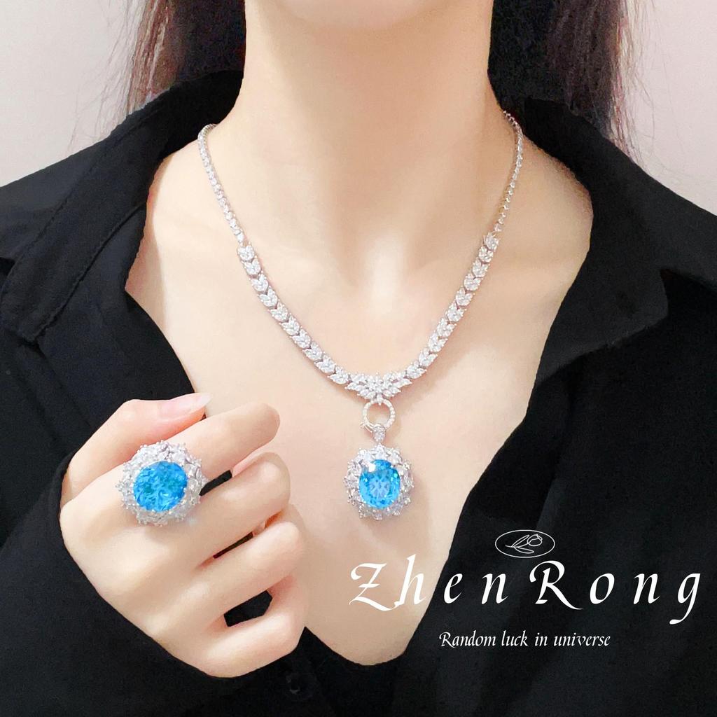 The Legend of the Blue Sea Aquamarine Pendant Necklace and Gem Ear Stud Set for Women