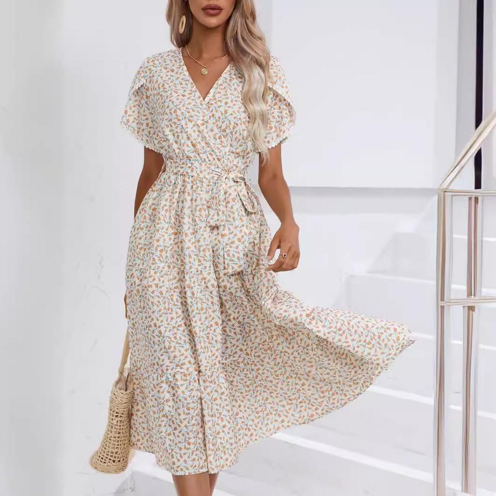 Summer Women's Floral Split V-neck Dress European American Style Casual Fashion Dress
