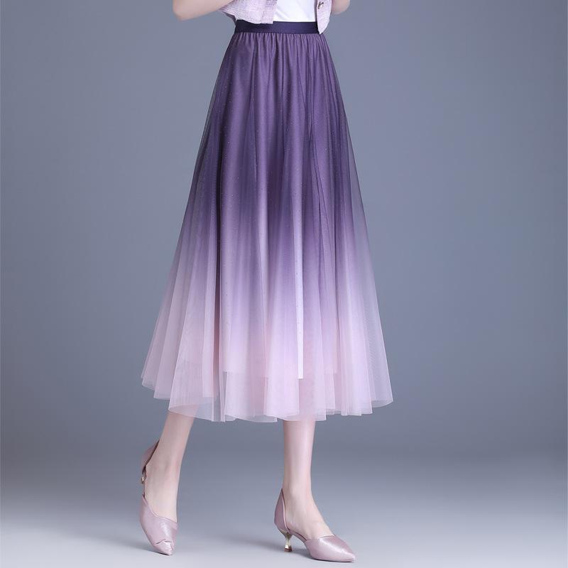 Lila Faltenrock auf beiden Seiten Damen Sommer Pendel Mesh Rock Einfarbig Langer Rock Ein Wort Damen Drapieren Rock 2024