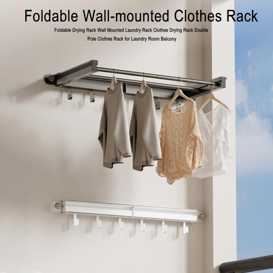 Foldable Drying Rack Wall Mounted Laundry Rack Clothes Drying Rack Double Pole Clothes Rack for Laundry Room Balcony