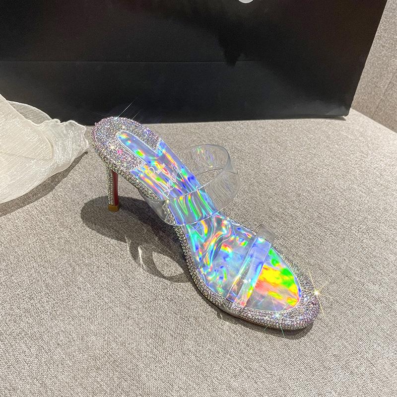 Fashion A Word With Transparent Sandals 2025 New High-Heeled Slippers Female Fashion Simple Style Diamond Slippers Female Summer Wear