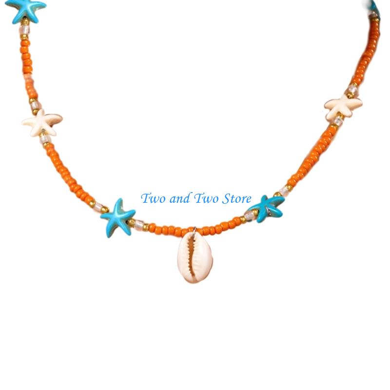 HX6F Fashionable Beaded Necklace Featuring Ocean Designs Ornament for Trendy Adults