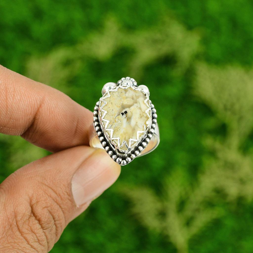Natural Plume Agate Gemstone 925 Silver Promise Adjustable Ring For Girls
