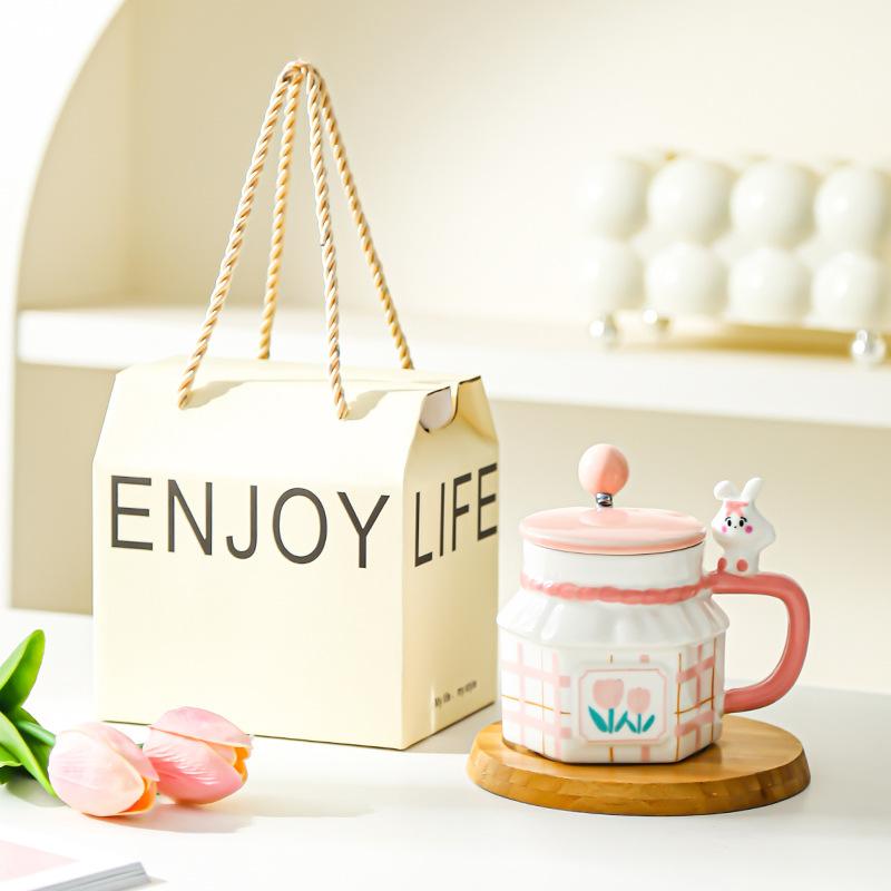 Tulip Rabbit Flower Couple Mug Creative High Value Home Office Ceramic Cup Coffee Cup with Lid