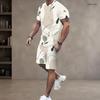 Men Plus Size Printed Round Neck Short Sleeve Top Drawstring Pocket Shorts Two Piece Set