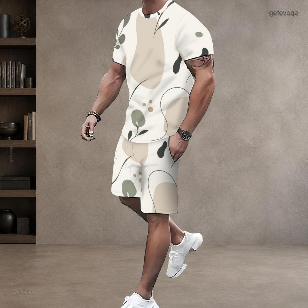 Men Plus Size Printed Round Neck Short Sleeve Top Drawstring Pocket Shorts Two Piece Set