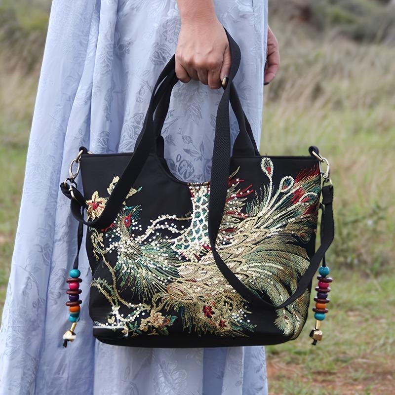 Bag Embroidery Large Capacity Shoulder Strap Messenger Bag, Retro Canvas Embroidery Shoulder Handbag Handbag