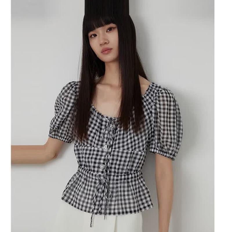 MONOVICH Women s Plaid Puff Sleeve Crop Blouse M