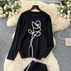 Autumn Winter Women Flower Knitted Sweater Two Piece Set Full Sleeve Pullover Top and Long Midi Slim Bodycon Sheath Skirt Outfits