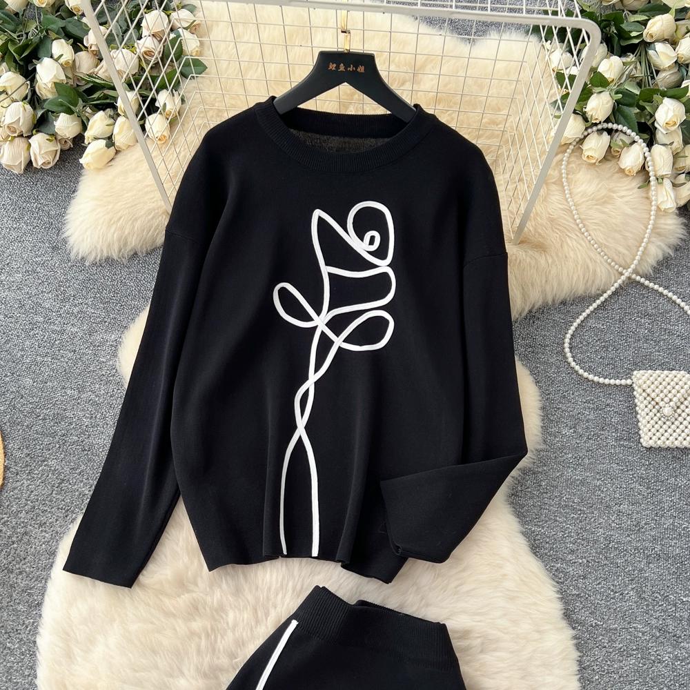 Autumn Winter Women Flower Knitted Sweater Two Piece Set Full Sleeve Pullover Top and Long Midi Slim Bodycon Sheath Skirt Outfits