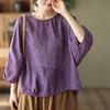 Plus Size Women Retro Cotton Linen T-Shirt Casual Loose O-Neck Long Sleeve Tees Spring Summer Basic Tops Shirts