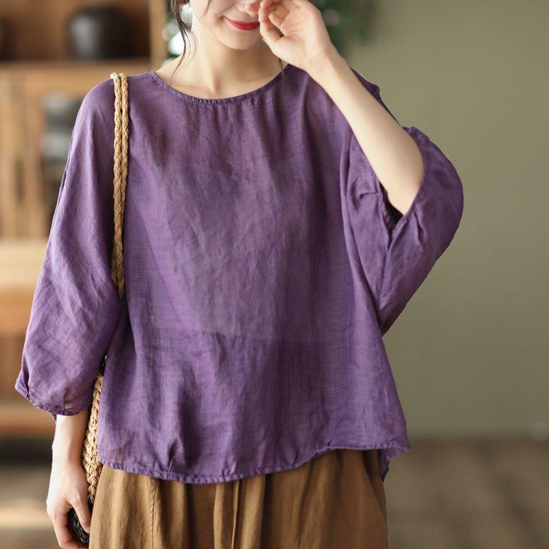 Plus Size Women Retro Cotton Linen T-Shirt Casual Loose O-Neck Long Sleeve Tees Spring Summer Basic Tops Shirts
