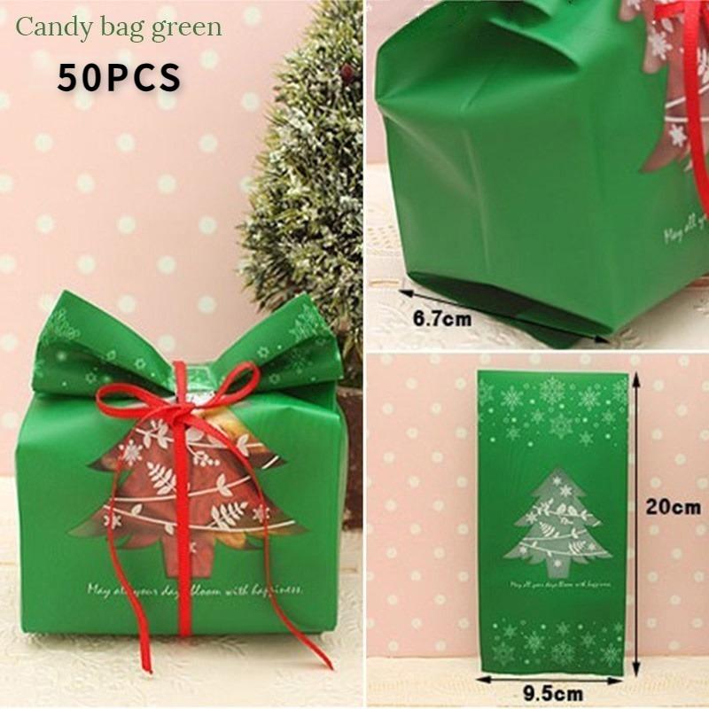 50Pcs Christmas Candy Box New Year Gift Box Xmas Tree Snowflake Gift Bag Cookies Pack Bag Plastic Bags for Event Party