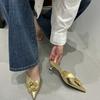 Spring Women'S Shoes Fashion Style Metal Camellia Pointed Head Thin Heel High Heel Bag Head Half Slippers Women'S Shoes