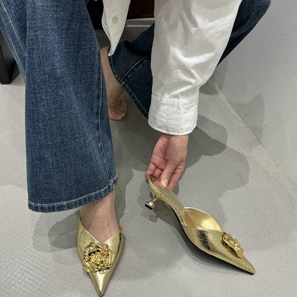 Spring Women'S Shoes Fashion Style Metal Camellia Pointed Head Thin Heel High Heel Bag Head Half Slippers Women'S Shoes