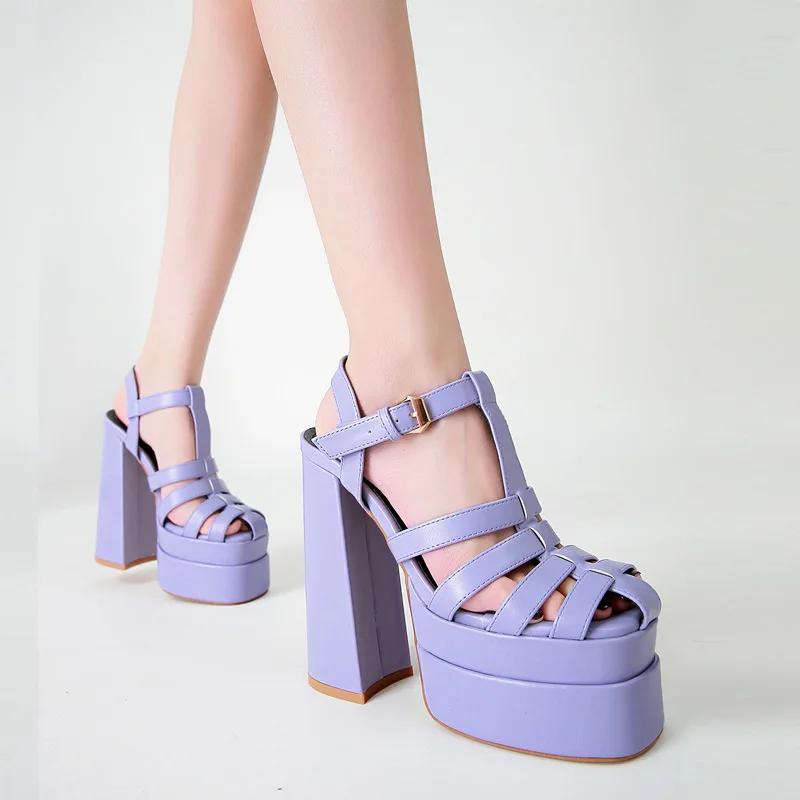 Fashion Spring and summer 2024 new high-heeled shoes women's one-button high-heeled Roman sandals women's heavy-heeled large sandals