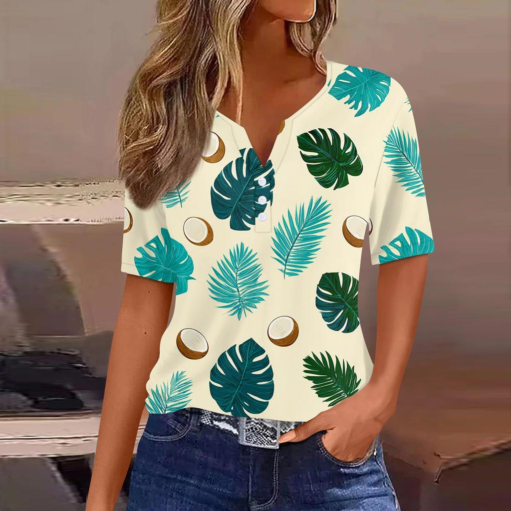 Women's fashionable casual Hawaiian print V-neck short-sleeved button-down T-shirt top