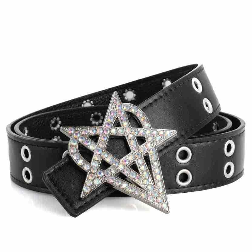 Punk Style Riveted Belt Men Women Y2K Inlaid Rhinestone Stars Buckle Bright Flash Gothic Air Eye Hollowed Vintage Waistband Belt