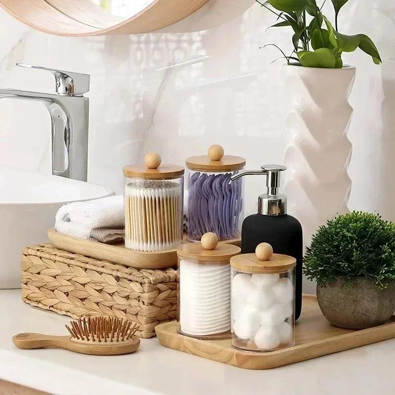 Suport Dispenser Qtip Negru Transparent cu Capace - Recipiente Borcan Farmacist pentru Depozitare Organizator de Măsuță de Toaletă - Set Accesorii Baie