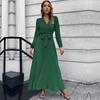 Women V Neck Long Sleeve Pleated A Line Solid Color Lace Up High Waist All Match Dresses S-XXL