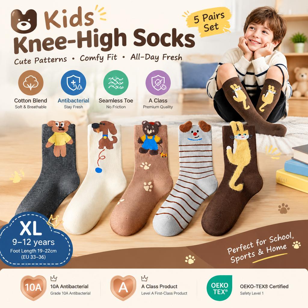 Boys' Class A Antibacterial Knee-High Socks, 5 Pairs