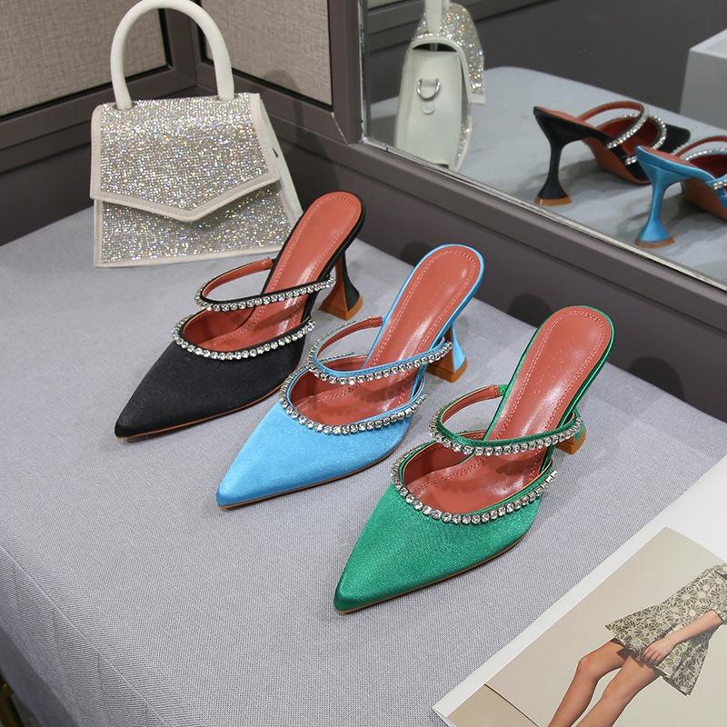 New Pointed Toe High Heels Slingback Sandals with Crystal Rhinestones Wine Glass Heel Satin Women Shoes