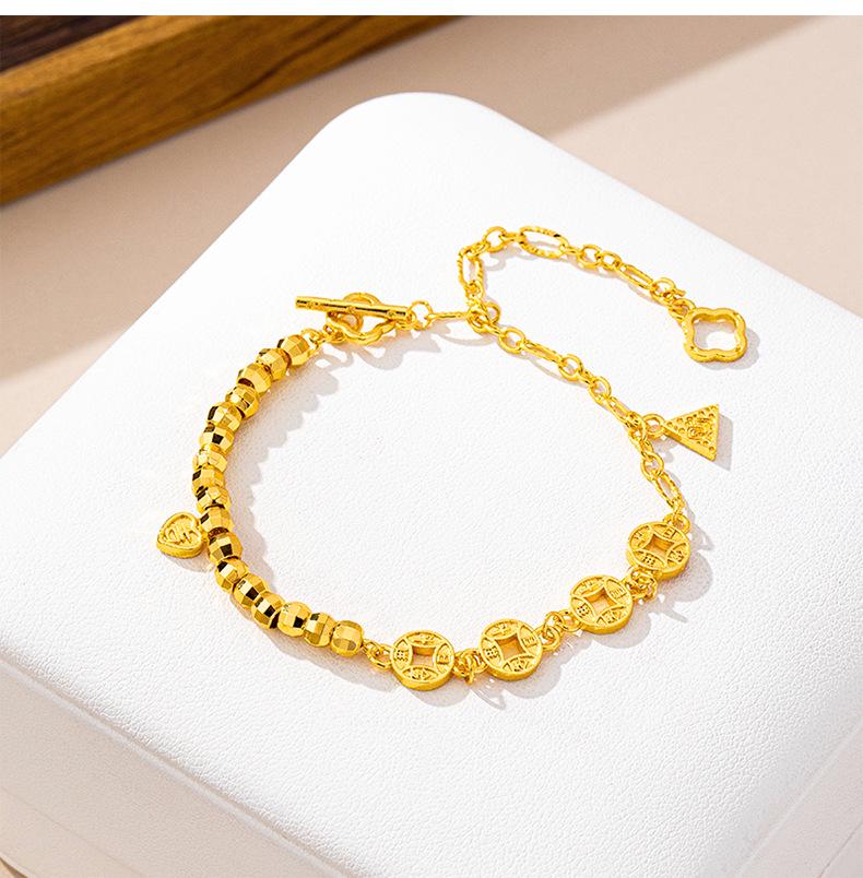 Bracelet Pièce Ancienne Élégant pour Femmes – Or Sable Vietnamien Rétro avec Perles Brillantes et Rétention de Couleur Longue Durée.