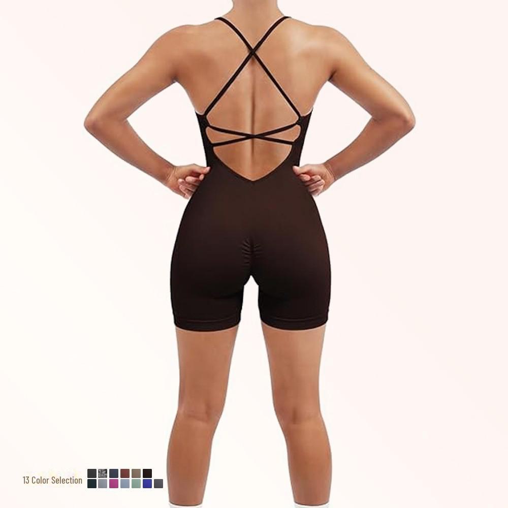 Nahtloser Yoga-Anzug mit Brustpolster - Damen Einteiler Fitness-Shorts & Schönes Rückendesign