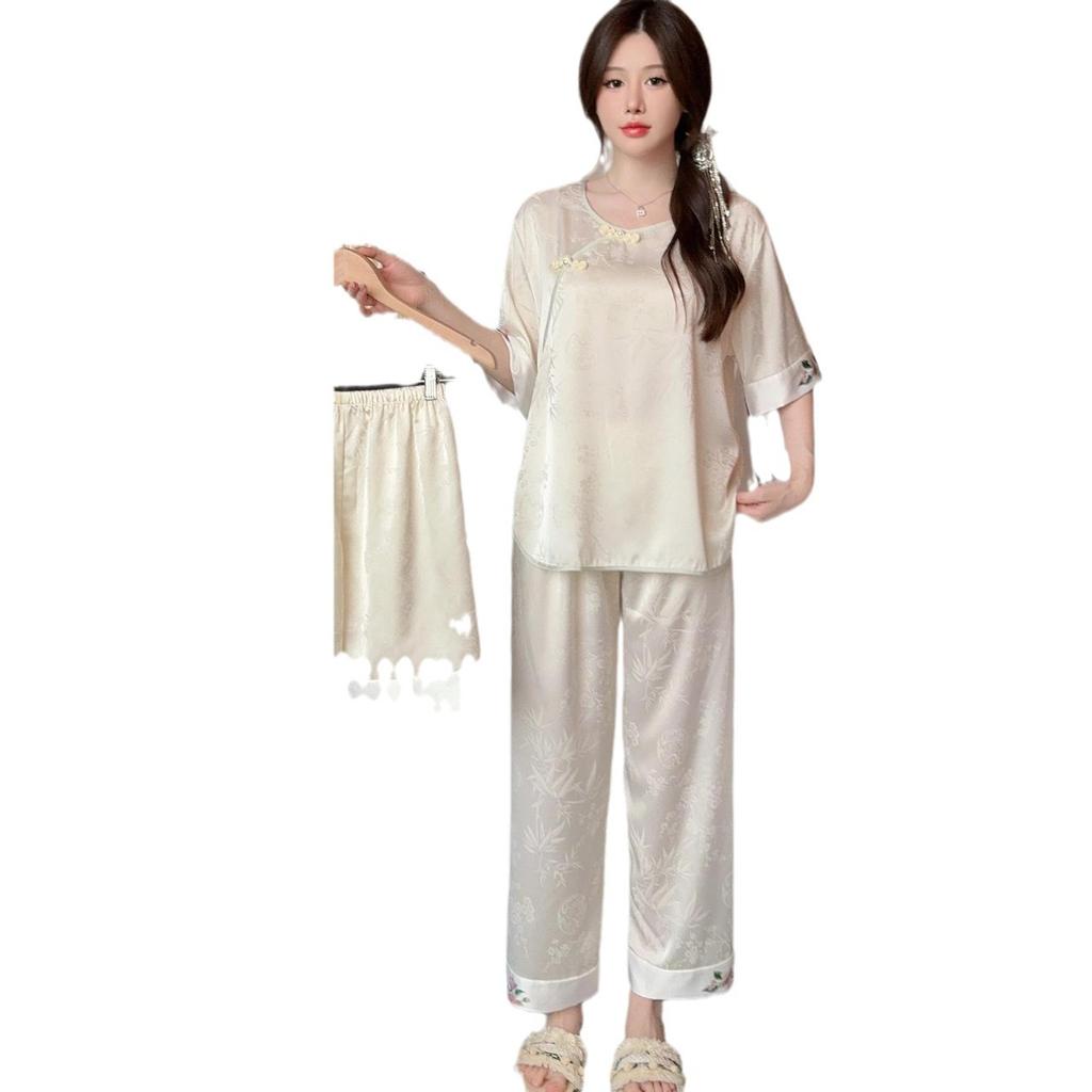 New ice silk pajamas women's summer Chinese antique rose suit loungewear imitation silk satin jacquard can be worn outside