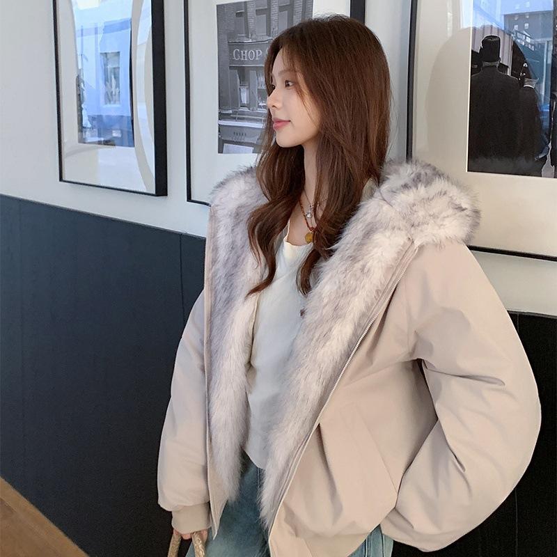 Korean lamb wool coat women's autumn and winter velvet thickened cotton-padded clothes on both sides, winter cotton-padded jacket hooded thick cotton-