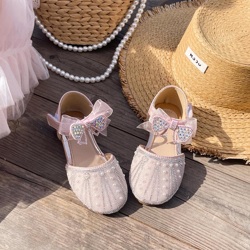 New Girls Princess Sandals Summer Luxury Rhinestone Bowtie Children's Dress Shoes Fashion Kids Wedding Party Flat Sandals Soft