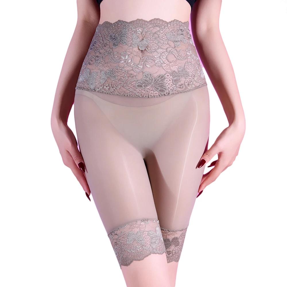 Damen 5D Öl Glänzend Boxer-Slips Hohe Taille Spitze Patchwork Slip Unterwäsche Formende Po Frau Sicherheit Kurze Unterhosen