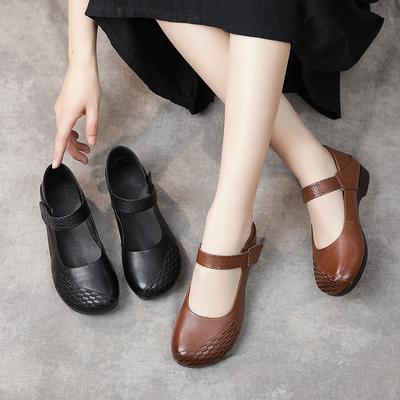 Frühling Neue Flache Mutterschuhe Echtes Leder Lässige Damenschuhe Rindsleder Flacher Absatz Ethnischer Stil Flache Dameneinzelschuhe