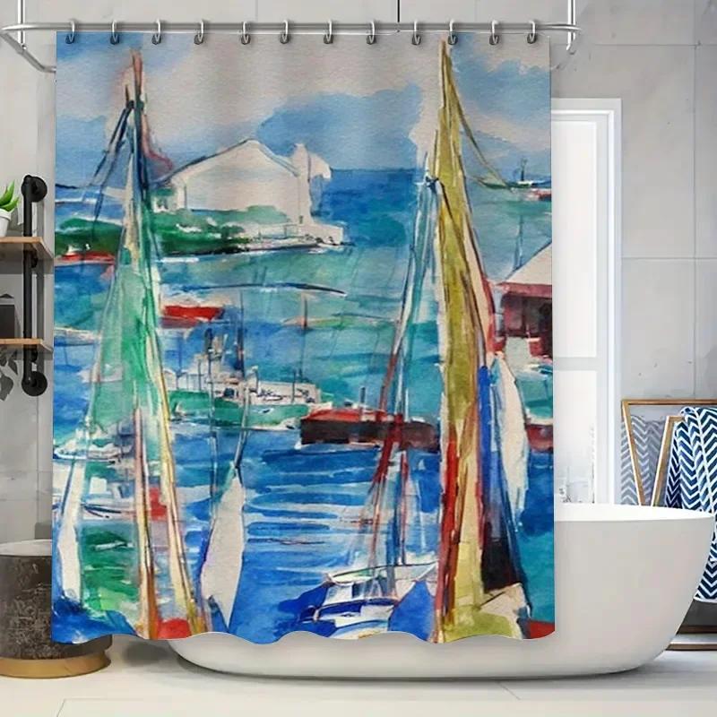 

Watercolor Sailboat Shower Curtain Decorative Bath Linen Printing for Home Bathroom Decoration Waterproof Fabric 72 x84 (Bl 90x180cm