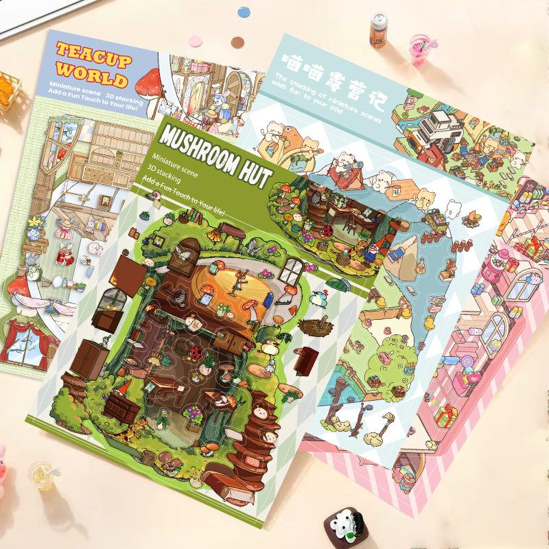Cartoon Landscape Mushroom House Sticker Miniature World 3D House Unzip DIY Scene Manual Post