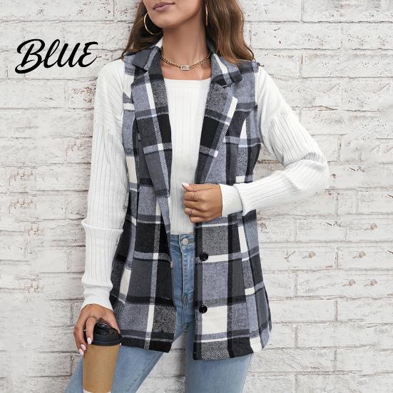 Single-breasted Coat Fall Spring Women Vest Plaid Printing Turn-down Collar Sleeveless Button Dark Tone Down Warm Mid Length Retro Waistcoat