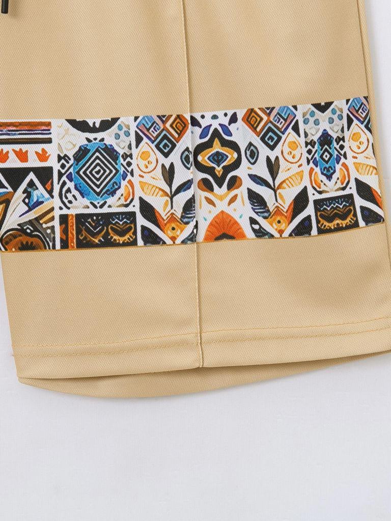 Men's Summer 2024 Printed Zipper Color Block Two-Piece Casual Set