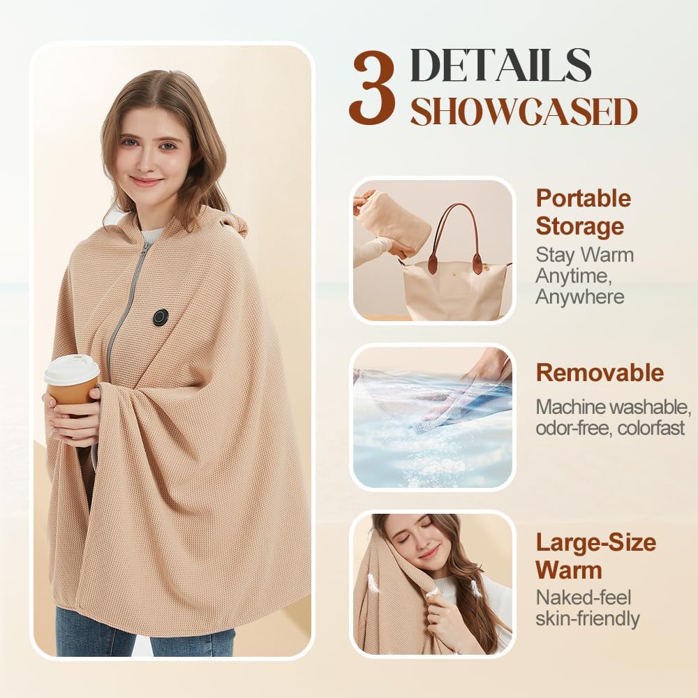 Portable Heated Shawl Wraps for Winter, Cozy USB Heated Shawl 3 Heating Levels Throw Blanket Wearable Blanket for Home Rest Car Travel