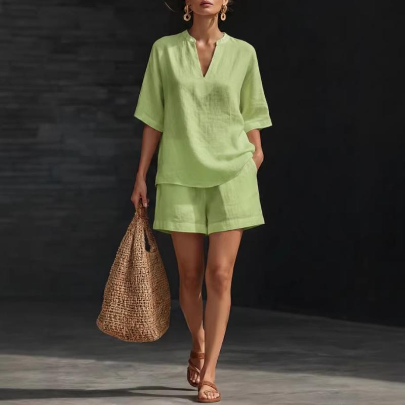 Spring and Summer European and American Women's Clothing Solid Color V-neck Linen Cotton Casual Top and Shorts Set Two-piece Set