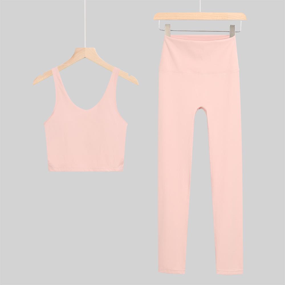 Lulu U-Back Sports Tank & 9-Point Yoga Pants Set with Bare-Feel Push-Up Bra for Women's Fitness